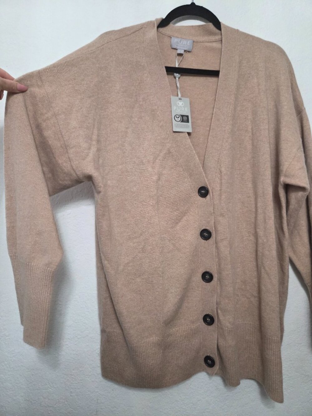 Pure Camel Brown 100%Cashmere Boyfriend Button Front Cardigan Sweater